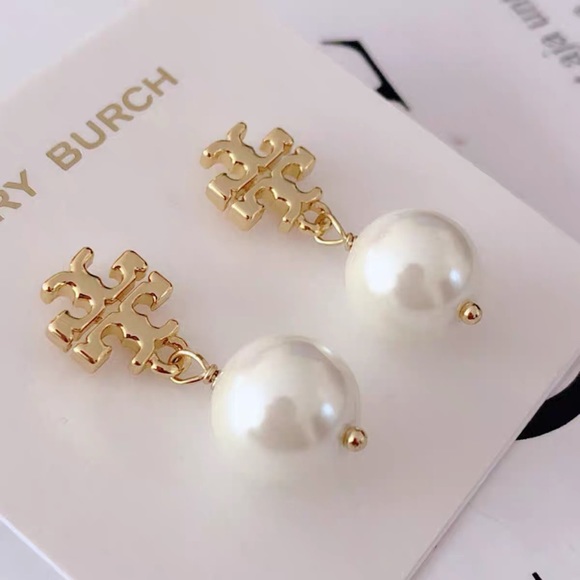 Tory Burch Gold Logo Pearl Drop Earrings - Picture 2 of 12